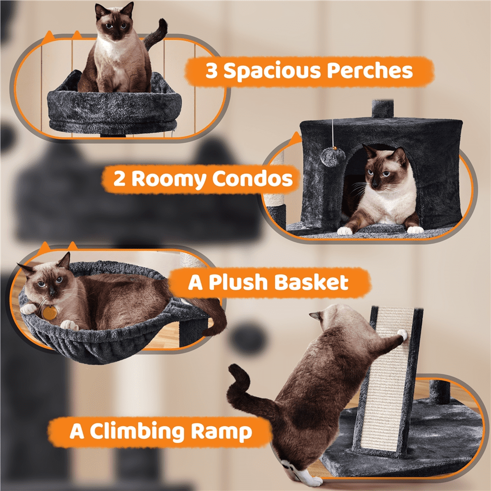 Alden Design 68.5"H Multilevel Large Cat Tree Tower with Condos and Perches, Black