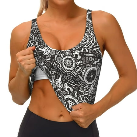 Qokaie Bicycles Parts Pattern Womens Scoop Neck Sports Bra Breathable Workout Vest Padded U Back Medium Impact Fitness Gym Yoga Bra Workout Crop Top