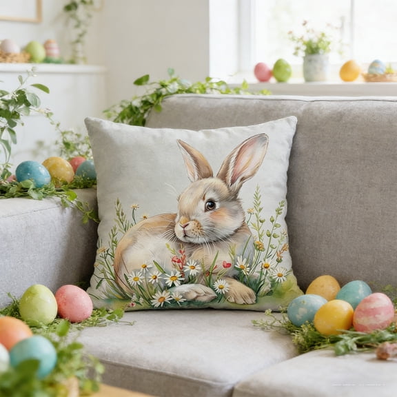 AuroraX Easter Throw Pillow Covers 18x18 Inch Outdoor Farmhouse Square Linen Bunny Rabbits Floral Decorative Pillow Covers Spring Cushion Case for Couch Sofa Living Room