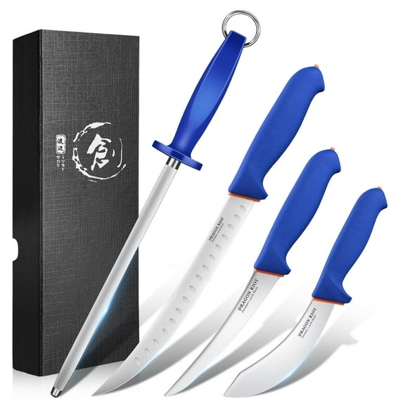 DRAGON RIOT 4 Piece Butcher Knife Set Brisket Trimming Set Include 6" Boning Knife, 6" Skinning Knife, 10" Butcher Breaking Knife and 10" Sharpening Steel