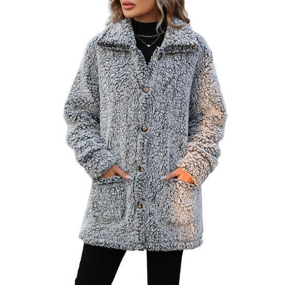 SWSMCLT Women's Winter Top Soft Coats Button Fuzzy Outerwear Long Sleeve Fall Fashion Spring Lapel Snow Thick Black 12