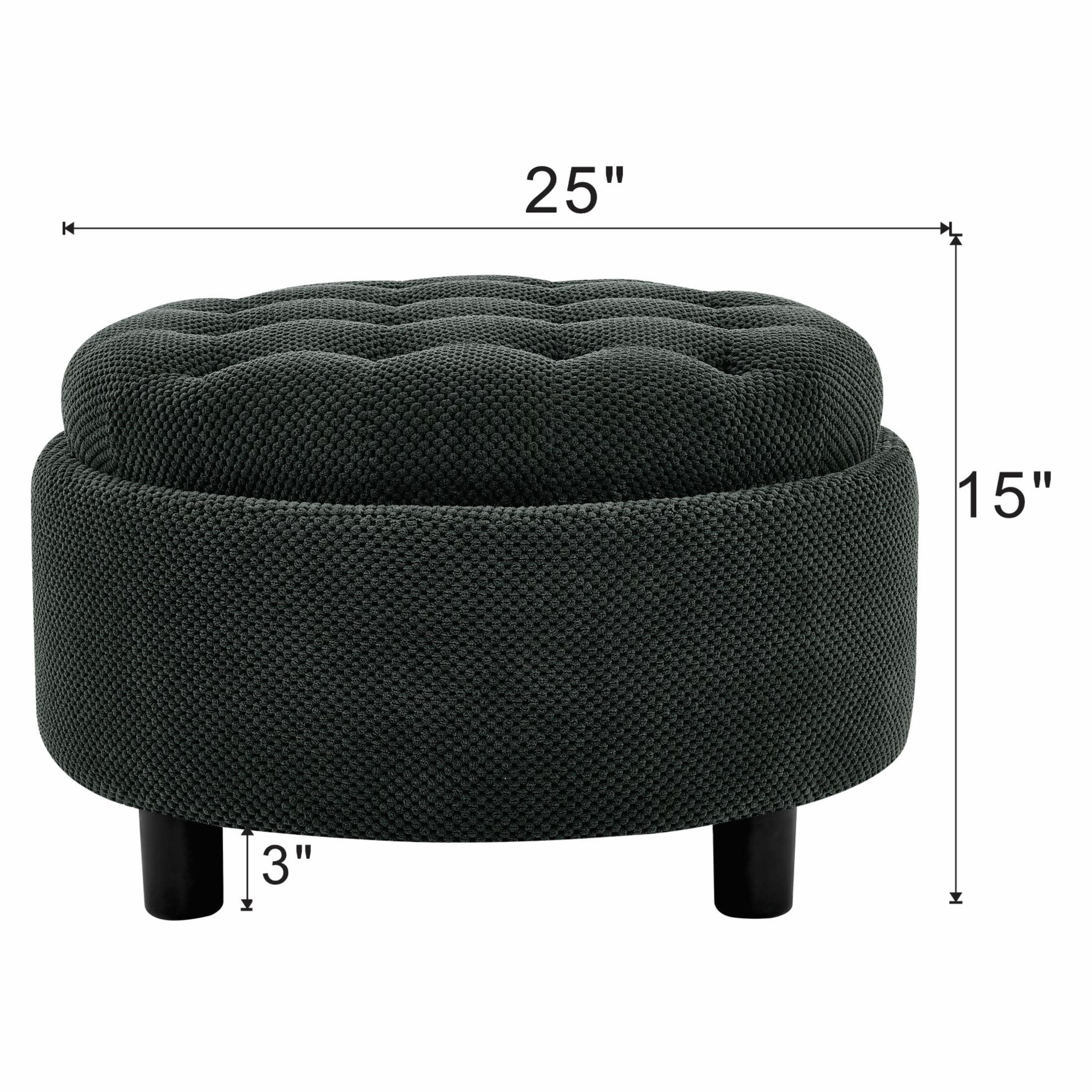 Noble House 25" Round Storage Ottoman with Removable Tray Top, Upholstered Coffee Table, Dark Gray