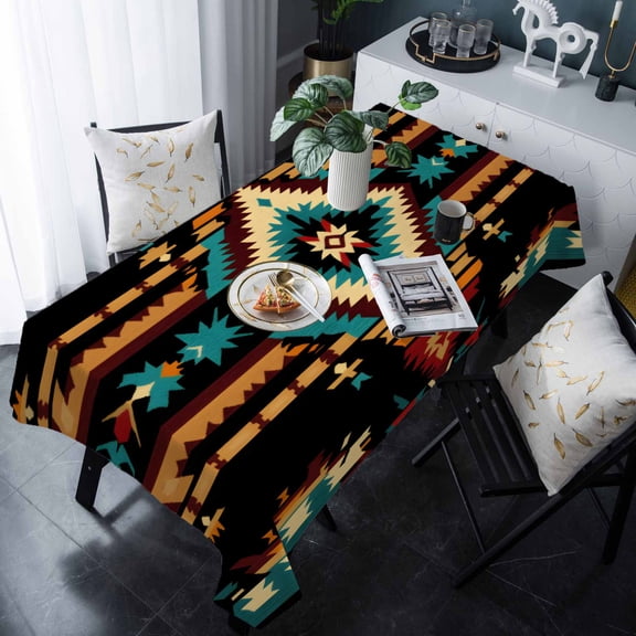 Orange Teal Boho Tablecloth Rectangle Table Cloth 60x120 , Waterproof Tablecloth Outdoor Table Cloth, Southwestern Ethnic Abstract Geometric Washable Table Cover for Kitchen Dining Party
