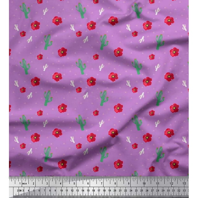 Soimoi Tissu Satin Soie Triangle, Floral & Cactus Imprimé Tissu 1 Yard 42 Pouces de Large