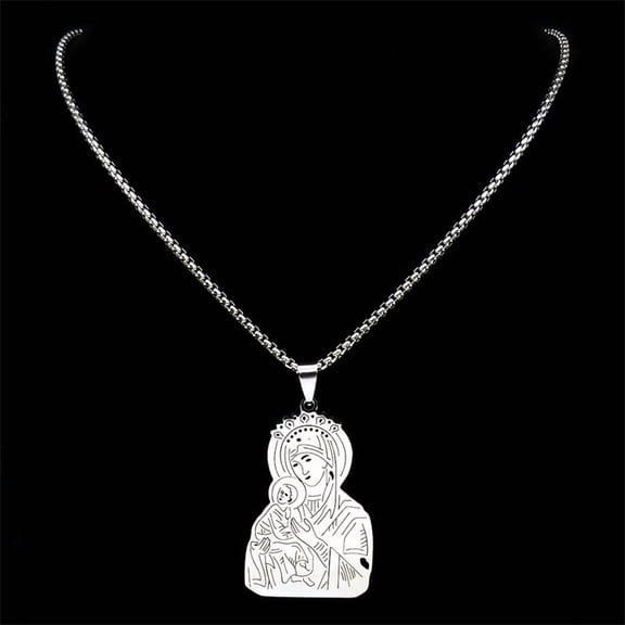 Virgin Mary Pendant Necklace for Women Men 14K White Gold Religion Christian Chain Jewelry Collier Femme