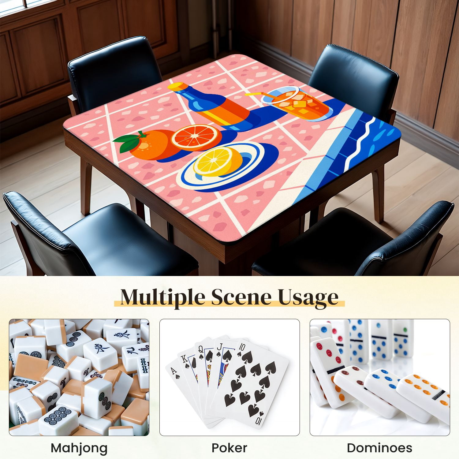 Mahjong Mat 31.5" x 31.5" Vibrant Citrus Fruits Refreshing Drink Poolside Anti-Slip and Noise Reduction Symmetry Design Mahjong Tiles Table Cover for Dominoes Poker Card Board and Tile Games