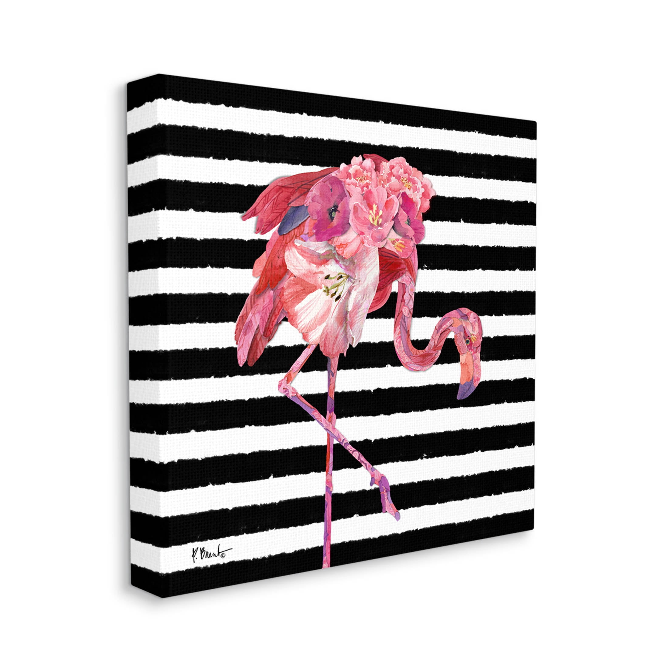 Floral Stripes Flamingo Bird Animals & Insects Graphic Art Gallery Wrapped Canvas Print Wall Art