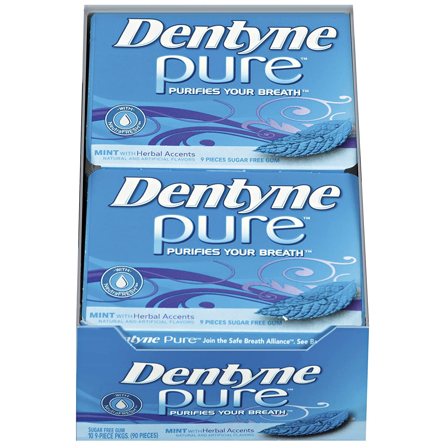 Dentyne Pure Mint with Herbal Accents Sugar Free Gum, 10 Packs of 9