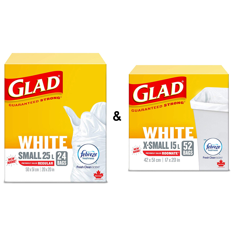 Glad White Garbage Bags Small 25 Litres Fresh Clean Scent, 24 Trash