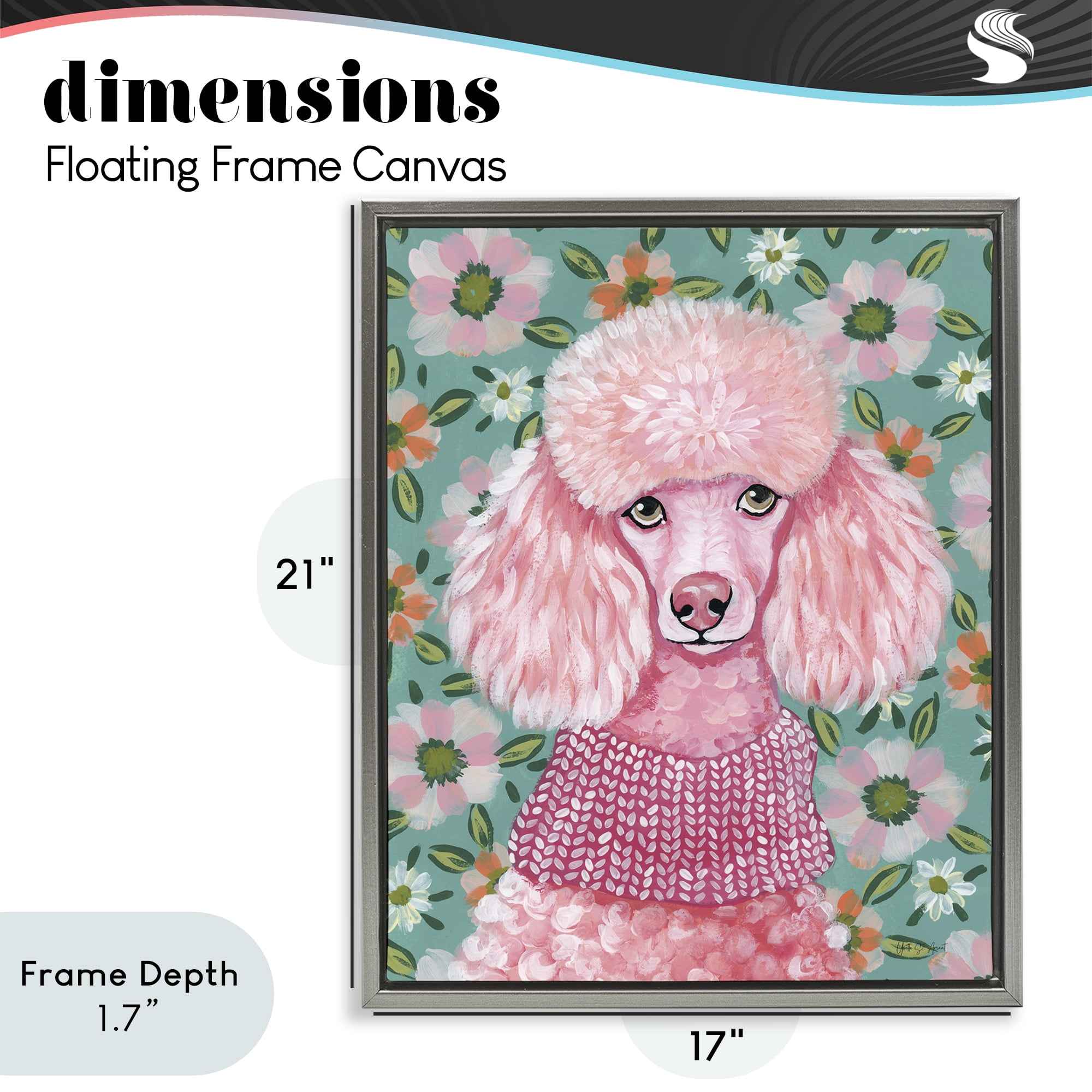 Stupell Industries Floral Poodle In Pink Gray Framed Floater Canvas Wall Art, design by Yvette St. Amant