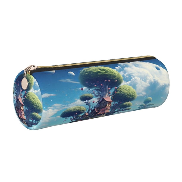 Easygdp Fantasy Treehouse Planet Scene para Estuche de Lápices Cilíndrico de Cuero con Cremallera, Organizador de Lápices de Cuero para Escuela, Oficina y Viajes