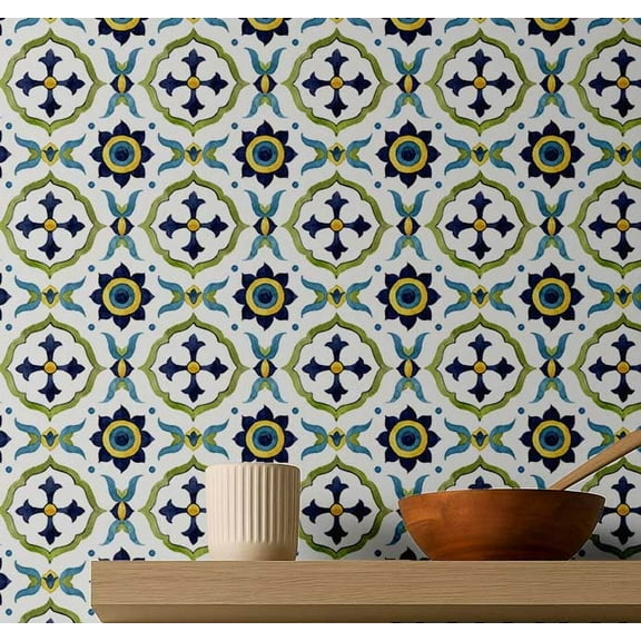S4sassy Self Adhesive Wallpaper, Floral Tile Wallpaper, Blue Removable DIY Vinyl Tile Pattern Wall Covering, Peel and Stick Contact Paper for Entryway accent wall, Kitchen Backsplash-25"x120"