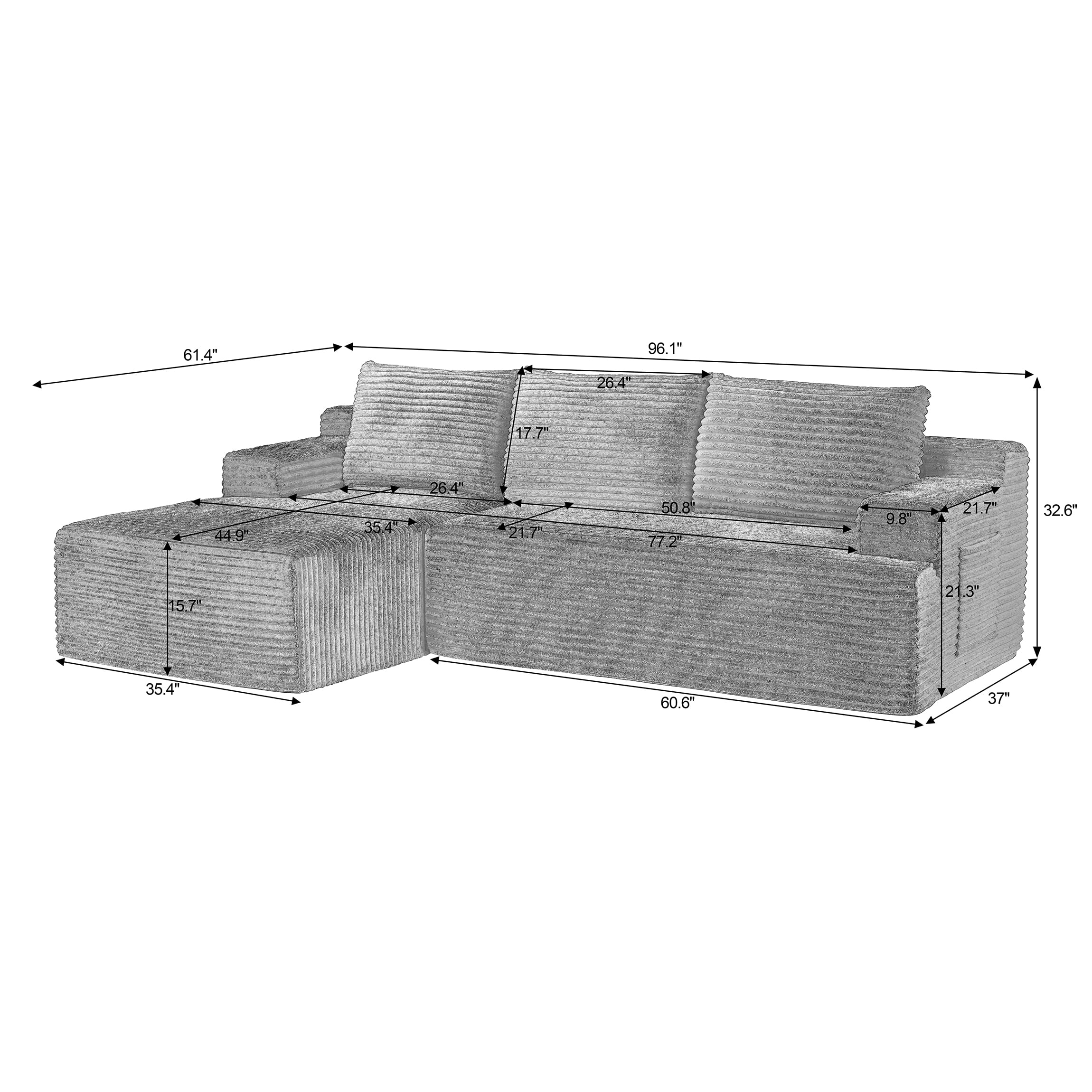 Vanress 96 Inch Modular Sectional Couches for Living Room, Modern Boneless Sofa, Upholstered Deep Seat Cloud Couch, Corduroy Comfy L-Shape Sofas Couches, No Assembly, Black (Left Facing Chaise)