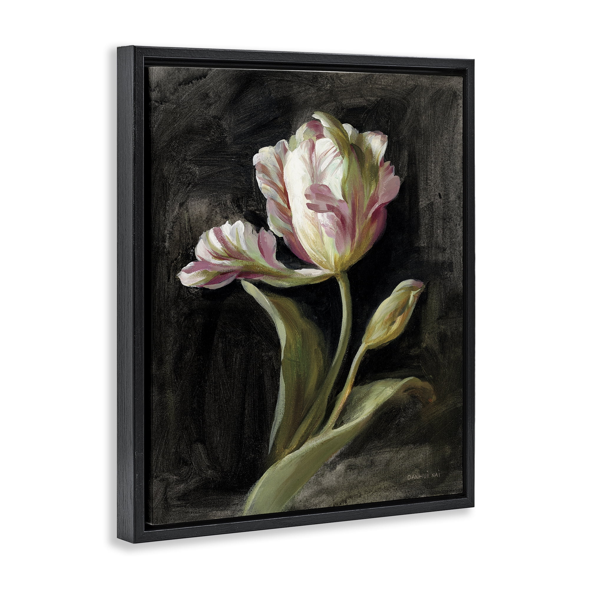 Stupell Industries Tulip on Black Plants & Flowers Painting Black Floater Framed Canvas Art Print Wall Art, 17 x 21