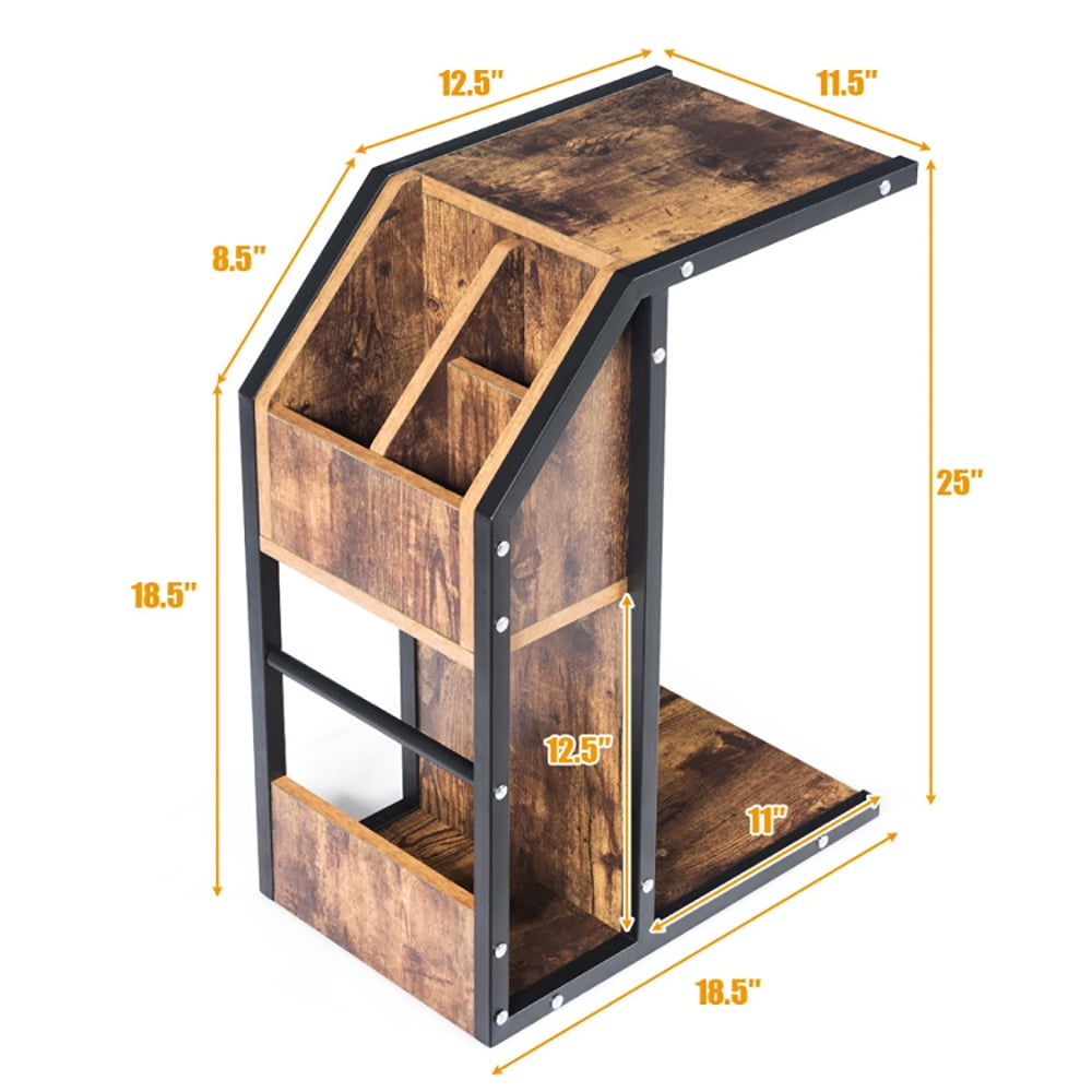 Finihen End Table, Industrial C-Shape Snack End Table with Storage Space, Sofa Side Table, Bed Side Table, for Living Room, Bedroom, Brown Finihen End Table, Industrial C-Shape Snack End Table with Storage Space, Sofa Side Table, Bed Side Table, for Living Room, Bedroom, Brown