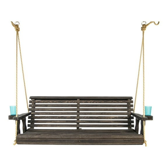 Amish Casual 4 Foot Roll Back Porch Swing with Cup Holders in Dark Walnut Stain - Amish Made in The USA from Treated Pine Heavy Duty 700 Lb. Weight Capacity