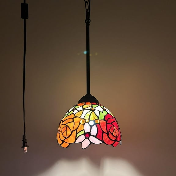 Tiffany Mini Hanging Lights Plug In Red Orange Stained Glass Rose Flowers LED Bulb 8”W*8”D*60”H