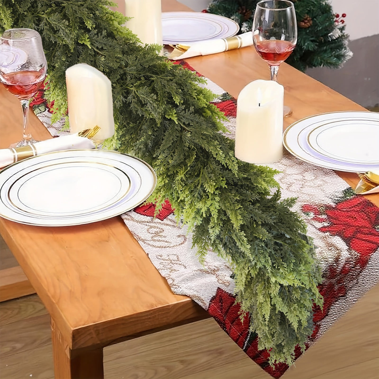 KOYPTL 9ft Christmas Garlands Norfolk Pine Garland Real Touch Artificial Faux Greenery Garland for Table, Mantle, Staires, Wall Holiday Indoor Outdoor Christmas Decorations(Lush)