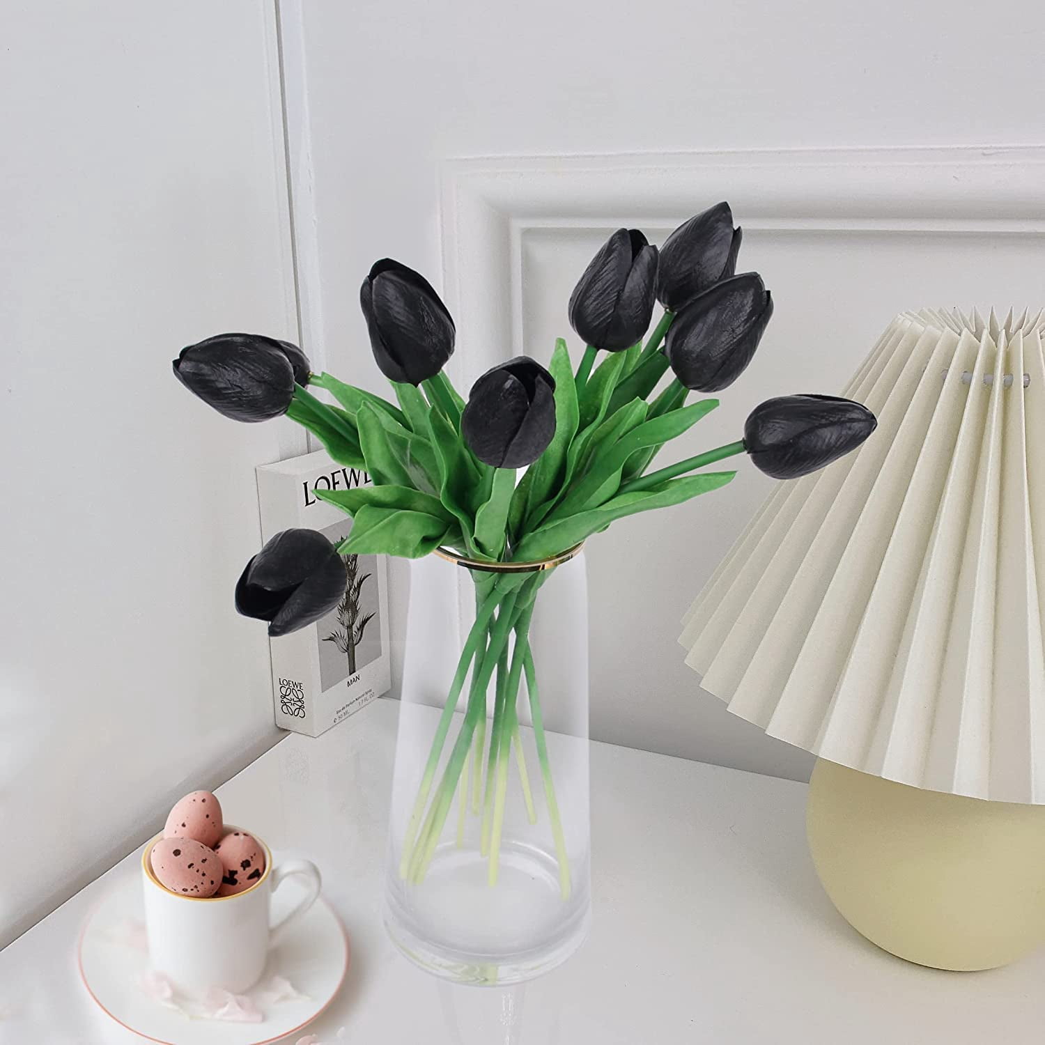 HAOSHICS 30pcs Artificial Tulips Flowers Fake Latex Tulip Stems - Real Touch Faux Colorful,for Easter Spring Wedding Bouquet Centerpiece Floral Arrangement Wedding Table Decor (Black)