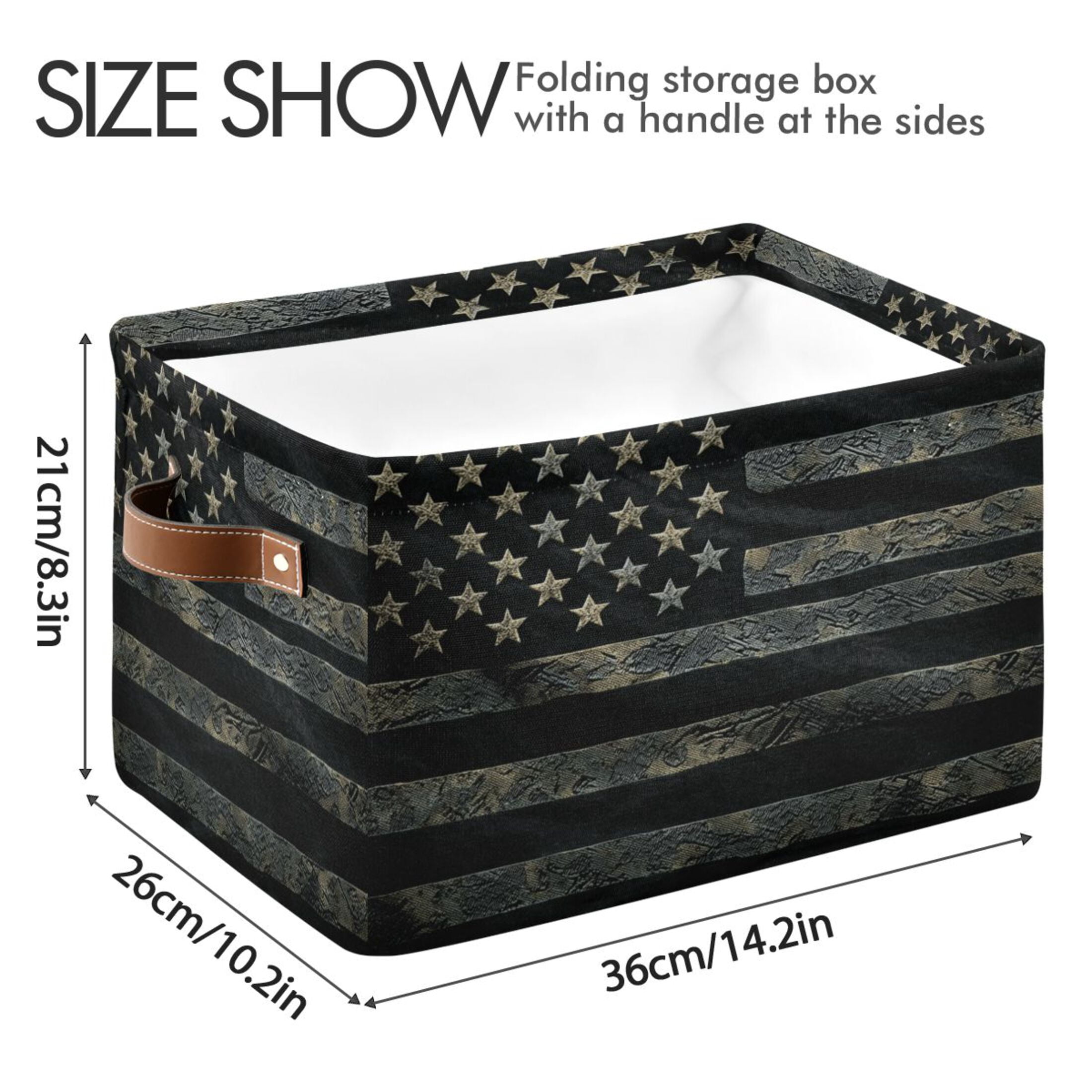 WOBOGO Black Design American Flag Square Storage Basket with Waterproof Canvas and PE Lining Durable PU Leather Handles 14.2×10.2×8.3in