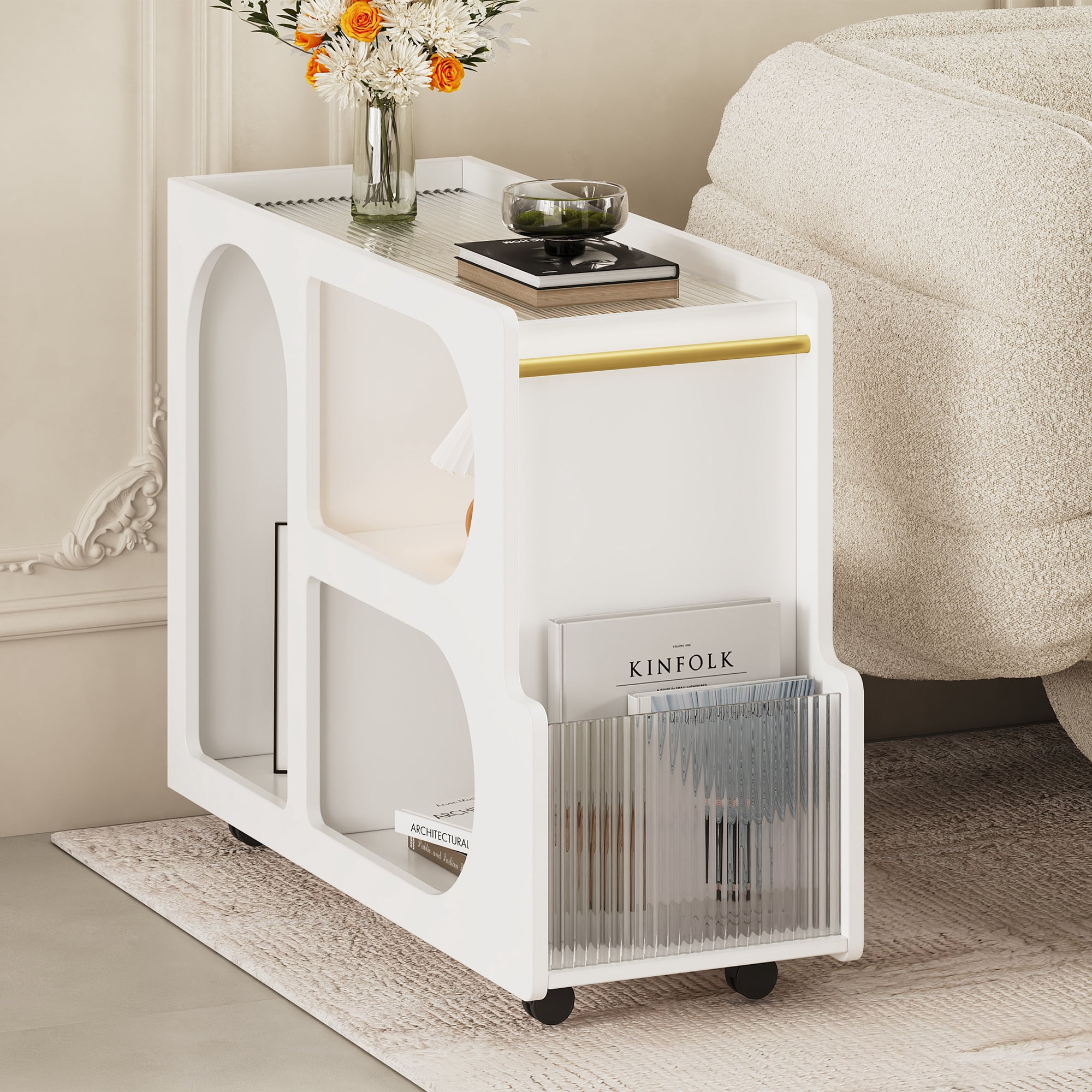 MAYEERTY Mobile End Table with Lockable Wheels, Narrow Coffee Table, Modern Nightstand for Living Room, White