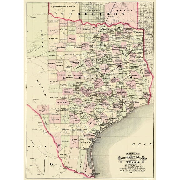 Historic State Map - Texas - Cram 1875 - Vintage Wall Art