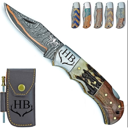 Lara Eagle Handmade Copper Damascus Folding Knife for Men – Copper Pocket Knife with Leather Sheath – Outdoor Camping Hunting & Survival Gift for Father Husband