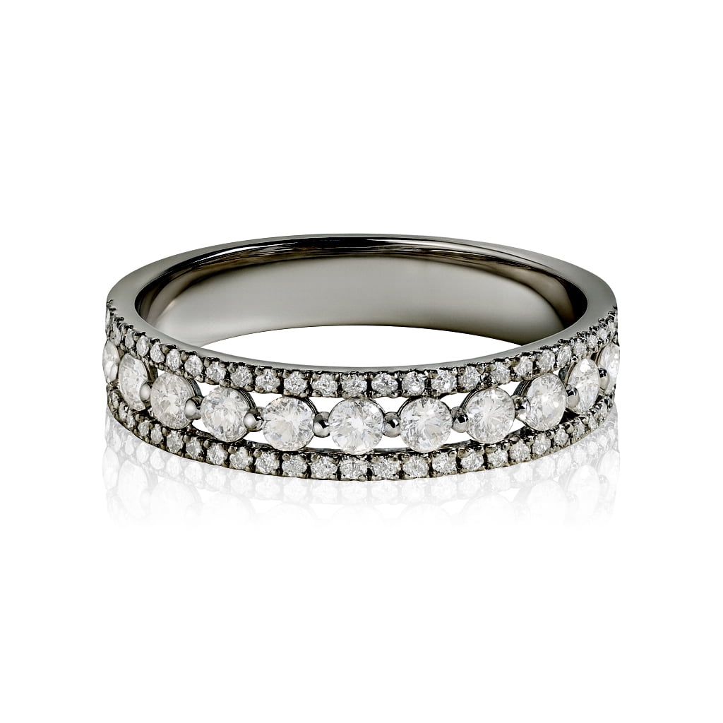 JeenMata Double Pave - 0.75 Carat Round Brilliant Cut Moissanite - Eternity Anniversary Ring - 18K Black Gold Plating for Women