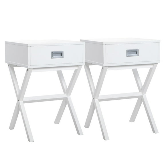 White Side Table Set of 2, Sesslife Wooden Nightstand with Drawer, Sofa Side Table with Storage, Mid Century X-Shaped End Tables for Bedroom Living Room, Modern Furniture, X3322