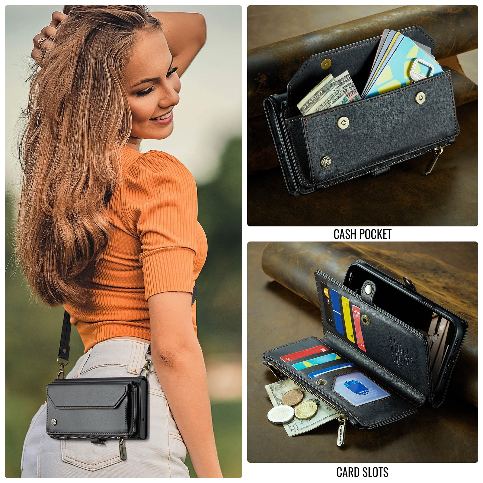 for iPhone 17 Pro Max Full Body Protection Wallet Folio Flip Case, Shoulder Strap & Wristlet Card Slots Zipper Pocket RFID Blocking Rugged Durable PU Leather Phone Case Cover, Black
