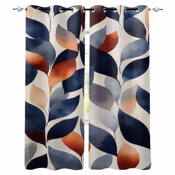 Navy Blue Burnt Orange Blackout Curtains 90 Inches Long for Bedroom, Botanical Abstract Palm Leaf Thermal Insulated Room Darkening Black Out Window Curtain Panels Grommet Drapes for Living Room