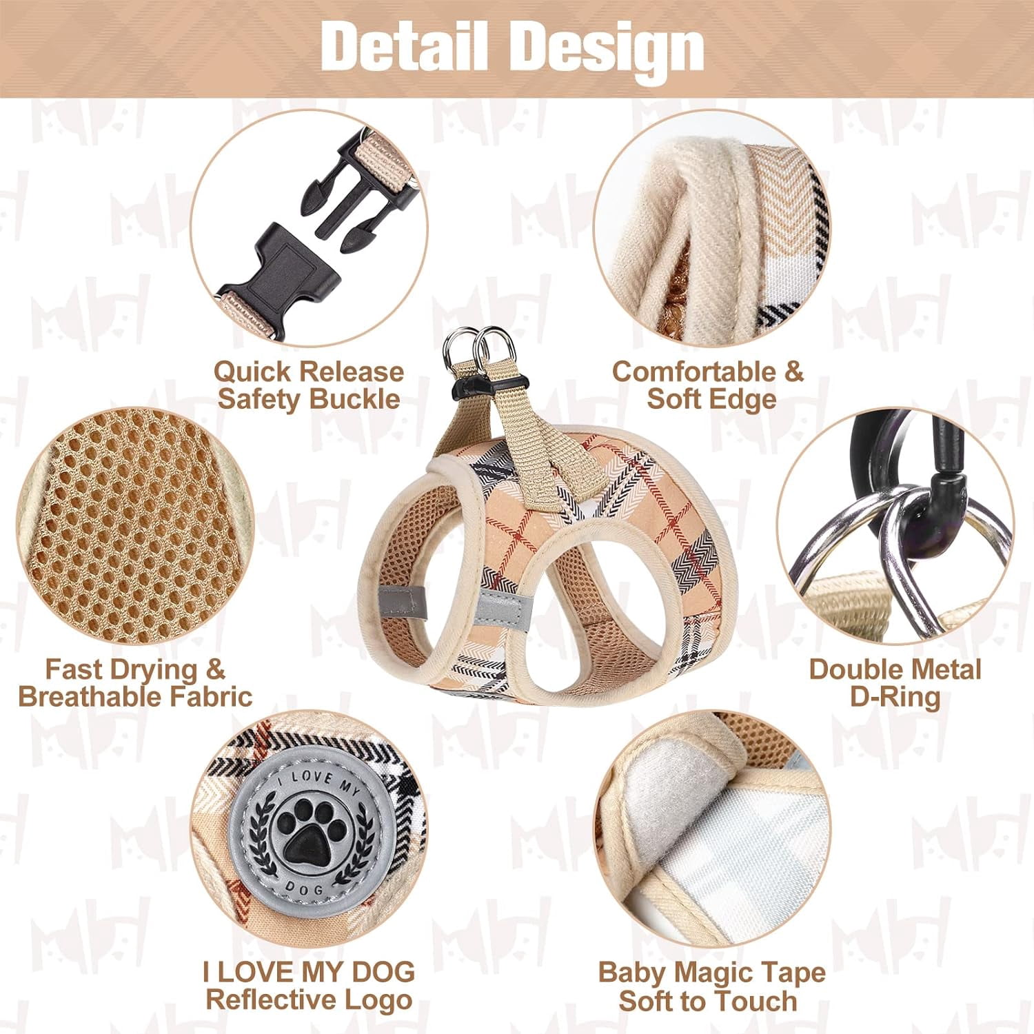 Small Dog Harness and Leash Set,Step in No Choke No Pull Soft Mesh Dog Harnesses Reflective for Extra Small Medium Puppy Dogs and Cats, Plaid Dog Vest Harness for XS S Pets, Beige S