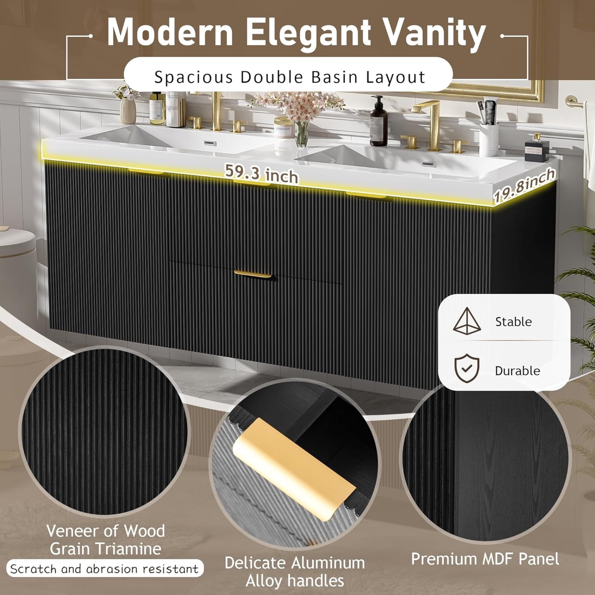 60" Bathroom Vanity with Sink Combo, Floating Double Sink Bathroom Vanity with 4 Drawer, MDF Storage Cabinet with SMC Resin Top, Wall-Mounted Bathroom Vanities (60''-Black)
