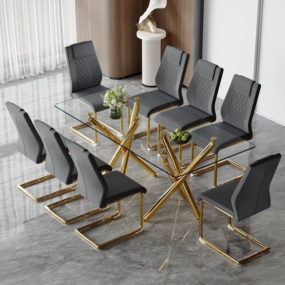 LUFTUT 71" Glass Dining Table Set for 8, Modern Dining Table with Gold Legs and 8 Faux Leather Chairs, Rectangular Dining Table for Kitchen and Dining Room
