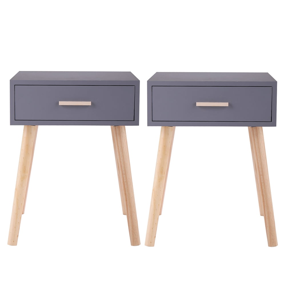 Kadyn Mid-Century Wood Bedside Tables for Closet, 1-Drawer Bedside Table Set of 2 for Living Room, Accent End Table with Storage for Sofa Couch, Gray