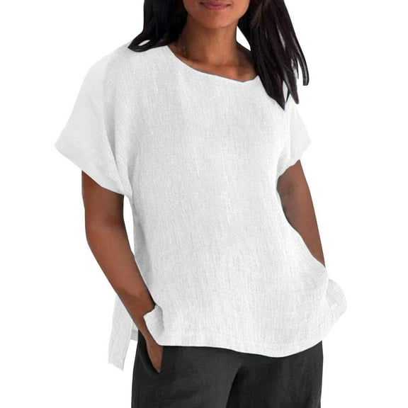 hotojiny Womens Plus Size Cotton Linen Shirts Casual Short Sleeve Crewneck Summer Tops Loose Lounge Beach Vacation Blouse