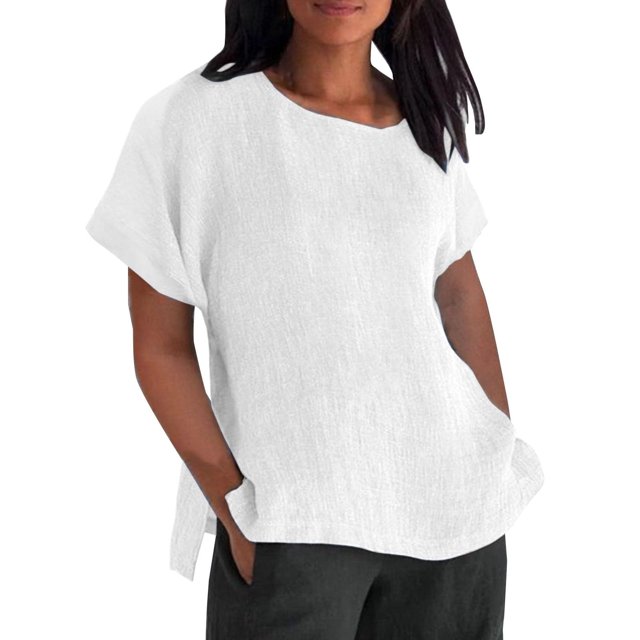 Yuyuzo Chemises en Coton et Lin pour Femmes Manches Courtes Haut Habillé Col Rond T-Shirts Amples Tuniques d'Été