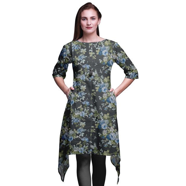Bimba Kurti Asymétrique Imprimé Floral Feuilles Grises & Bleu pour Femmes Robe d'Été Indienne Tunique Petite