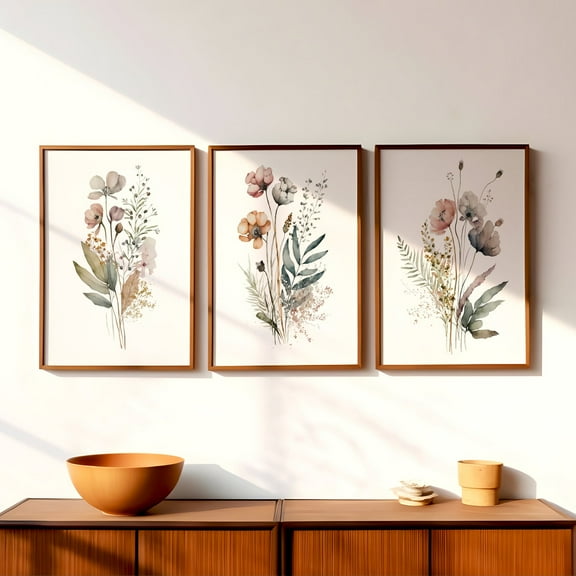 Luvia Set Of 3 Wildflower Bouquet Posters, Triptych Floral Poster, Dried Pressed Flower Bouquet Posters, Poster Art, Modern Decor Set 3 Prints 8x12 UNFRAMED