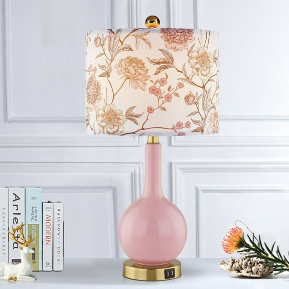 Cinkeda Pink Ceramic Table Lamp with USB Ports Floral Shade 3 Way Dimmable Touch Control Single Nightstand Lamp 24" Modern Gold Bedside Lamps for Living Room Bedroom