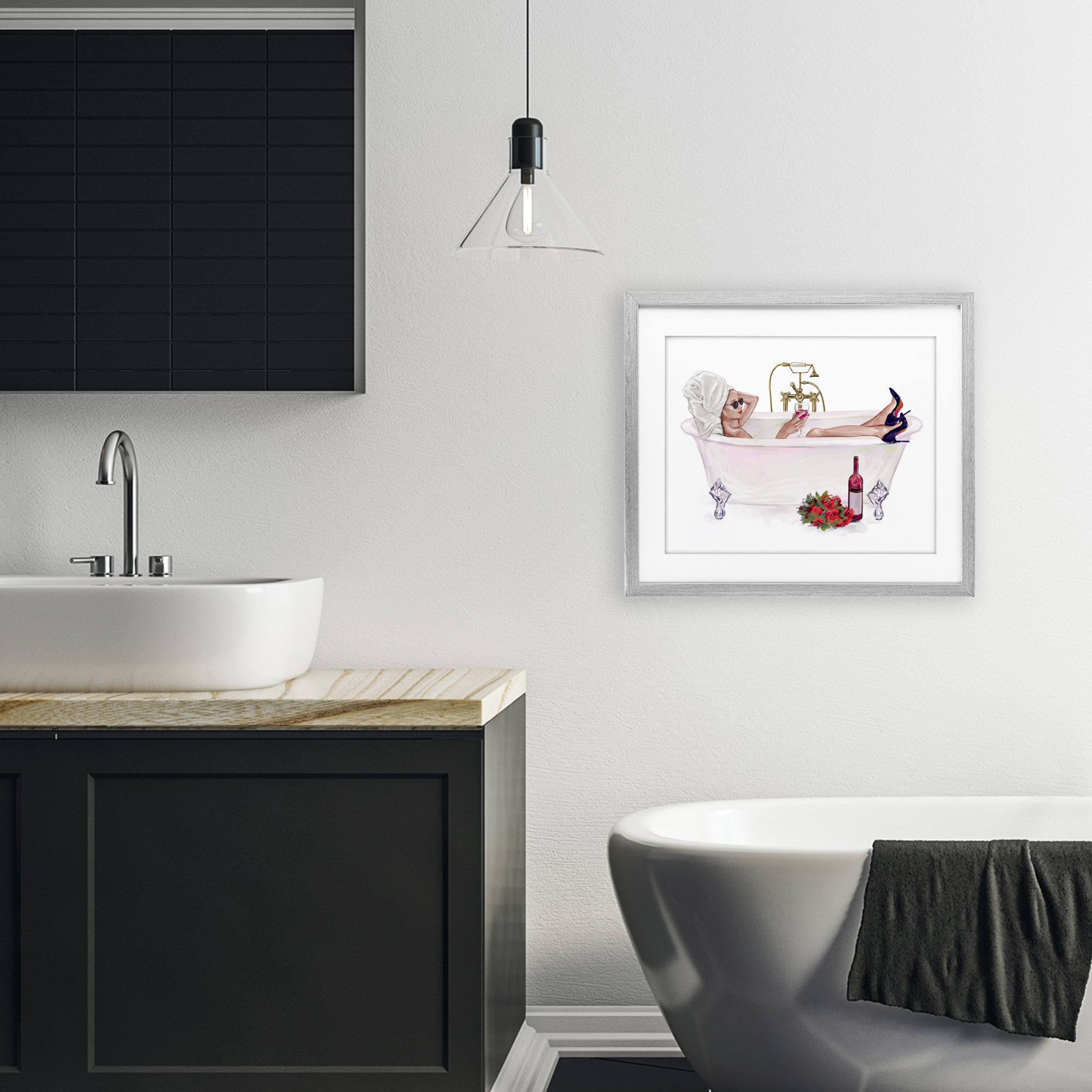 Woman with Wine Bath Gray Framed Print Under Glass, design by Ziwei Li