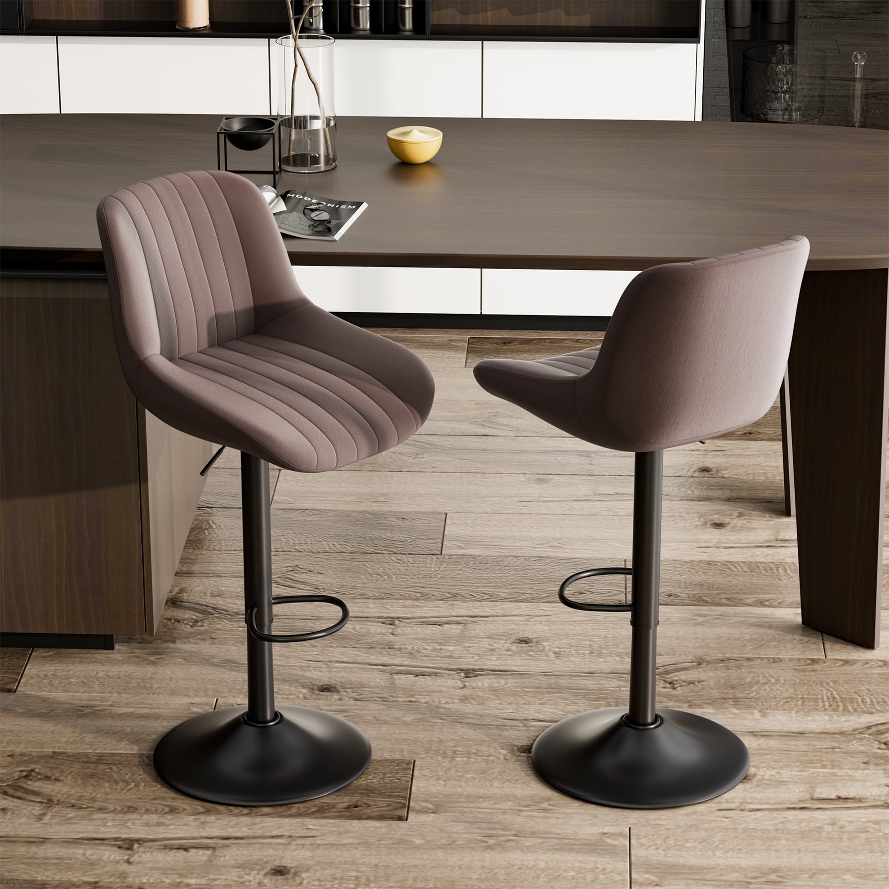 Hawsaiy Adjustable Bar Stools Set of 2, Swivel Counter Height Bar Chairs with Back, Modern Technical Fabric Barstools for Kitchen Island & Home, Brown