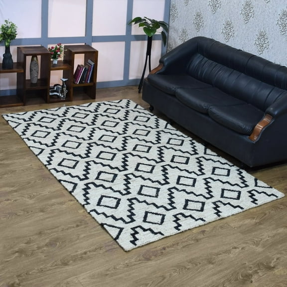 HAND KNOTTED SUMAK JUTE ECO-FRIENDLY AREA RUGS - 6'x9', Rectangle Shape, Beige Black Color, Geometric Pattern, High Pile, Natural Fiber, Outdoor Indoor Handmade Area Rugs for Living Room (J00080)