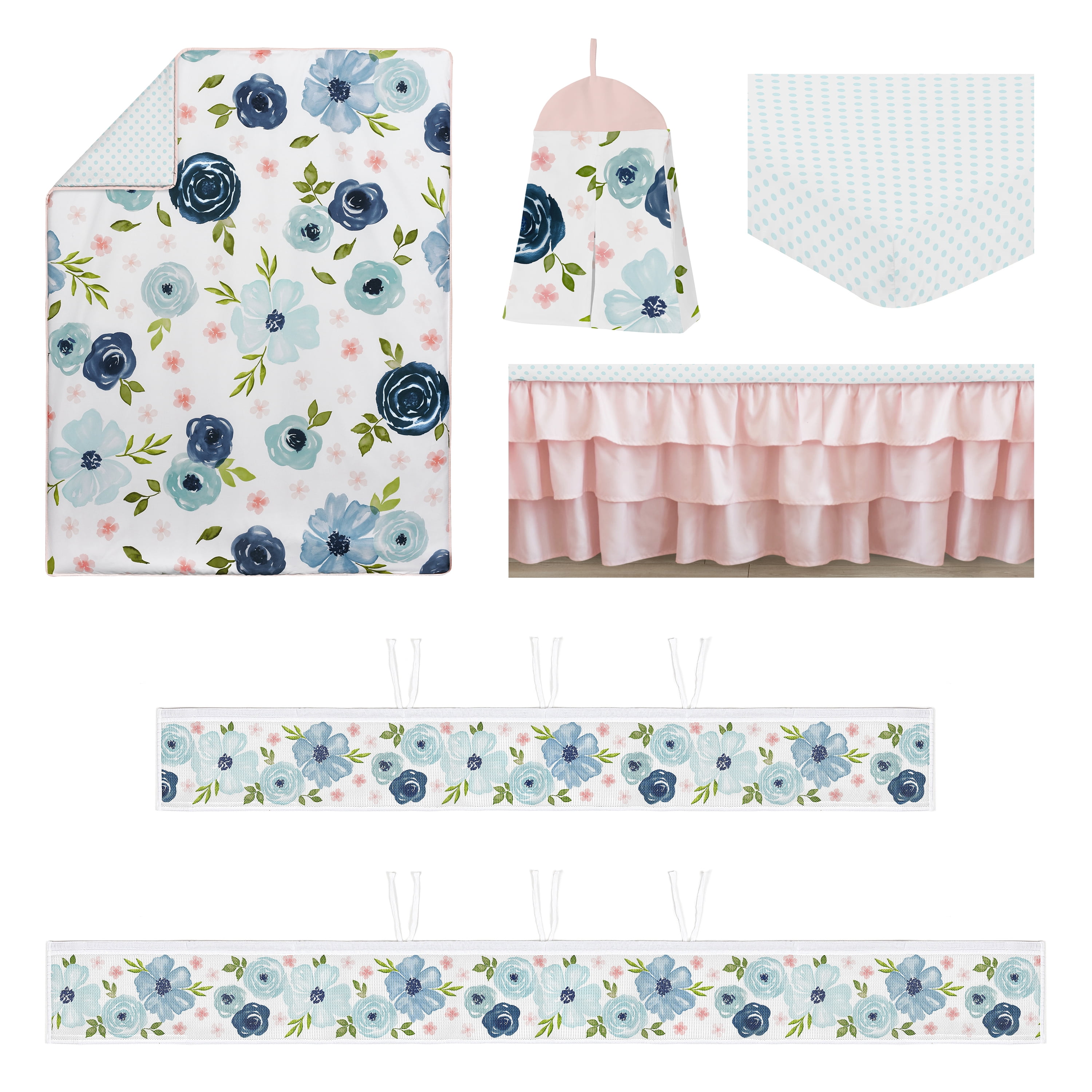 Sweet Jojo Designs 6 Piece Crib Bedding + BreathableBaby Breathable Mesh Liner Watercolor Floral Navy Blue And Pink Girl
