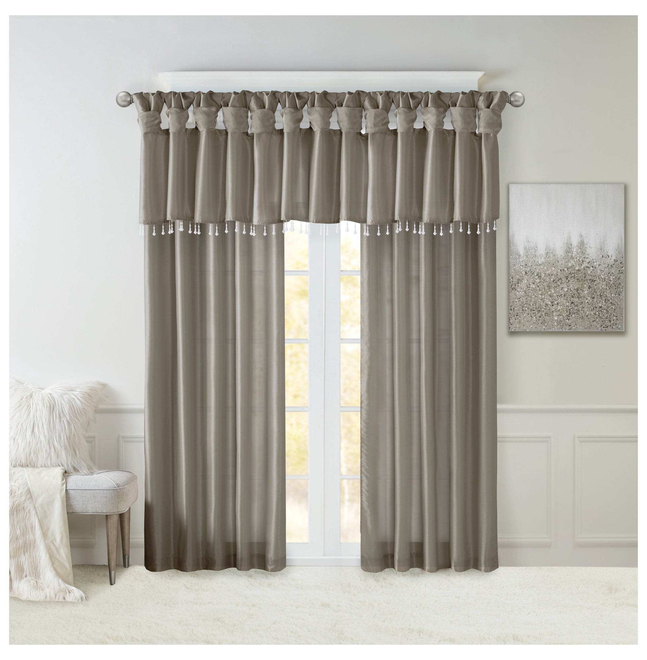 Lightweight Faux Silk Valance With Beads Pewter 50x26"