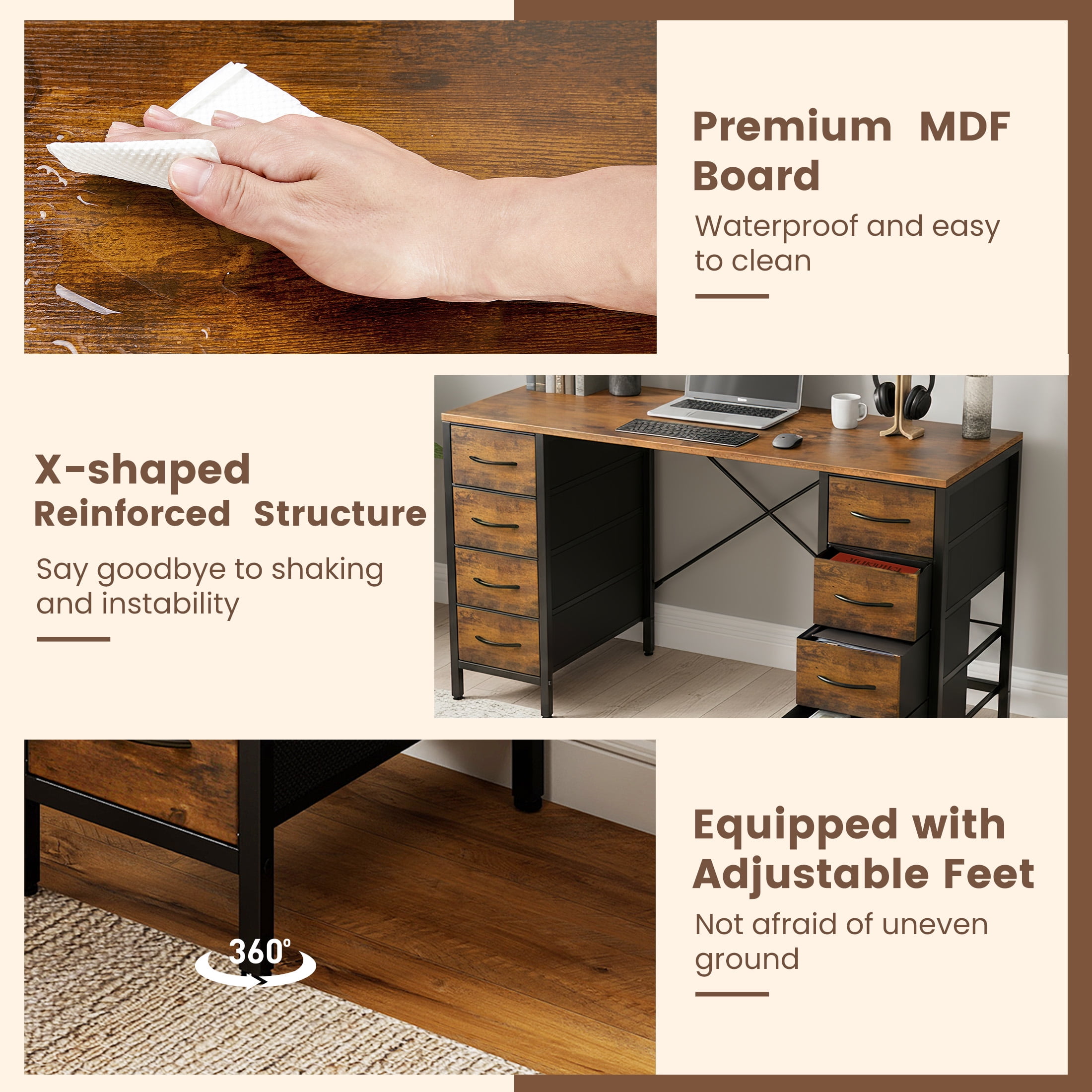 EDX 47 Inch Computer Desk with 8 Fabric Drawer, Home Office Desk with Power Outlets, Large Storage,Rust