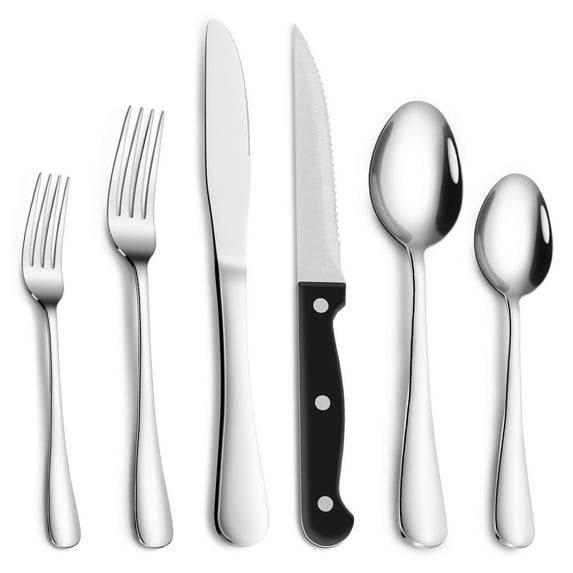 Acekid 48 Pieces Flatware Set with Steak Knives, Stainless Steel Tableware Kitchen Cutlery Set, Silver