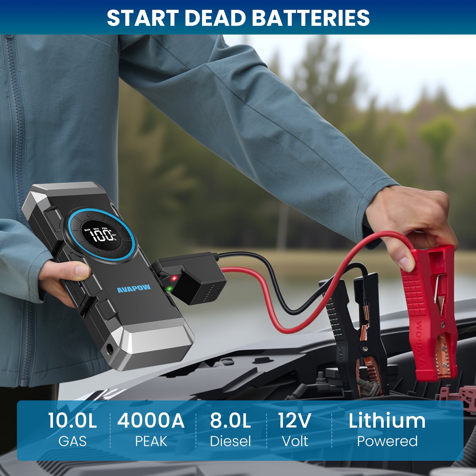 AVAPOW 4000A Jump Starter with Air Compressor, 150 PSI Tire Inflator, Car Battery Booster for 10.0L Gas & 8.0L Diesel, 12V Portable Emergency Tool with LED Light