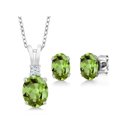 Gem Stone King 925 Sterling Silver Green Peridot Pendant and Earrings Jewelry Set For Women (2.98 Cttw, Oval Gemstone Birthstone, with 18 inch Silver Chain)