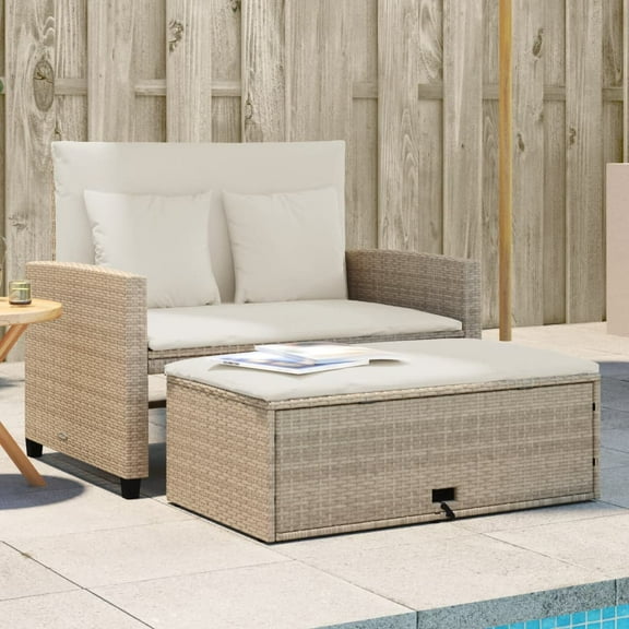 vidaXL Patio Sofa with Cushions 2-Seater Beige Poly Rattan